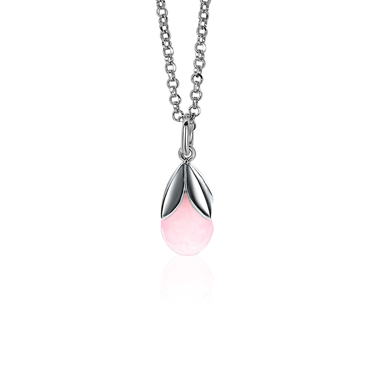 Halskette mit silbernem Anhänger in Tropfenform und rosa Edelstein