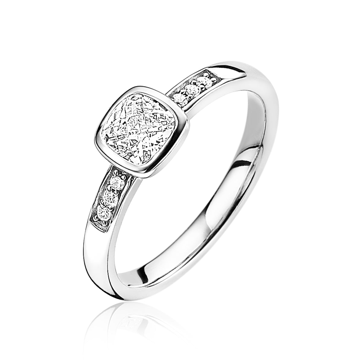 Ring aus Silber mit quadratischem Zifferblatt und kleinen Zirkonia-Steinen an der Seite