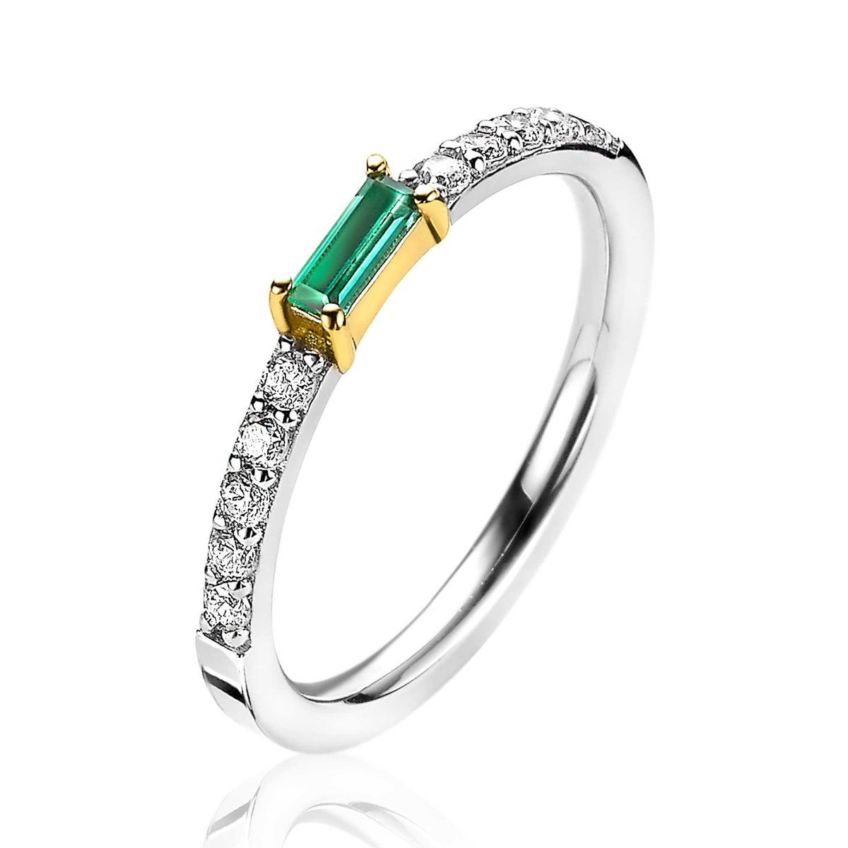 Ring aus Silber mit grünem Edelstein und weißen Zirkonia, goldfarbener Fassung in der Mitte