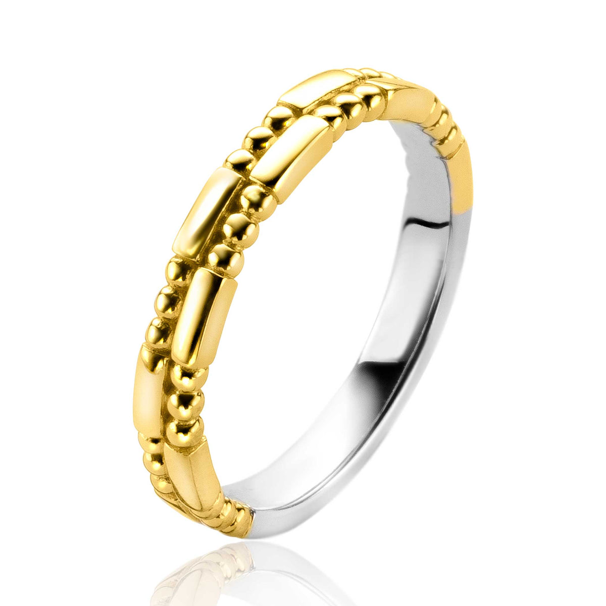 Ring mit goldplattierten und silbernen Elementen, mit strukturiertem Design und abgerundeten Formen