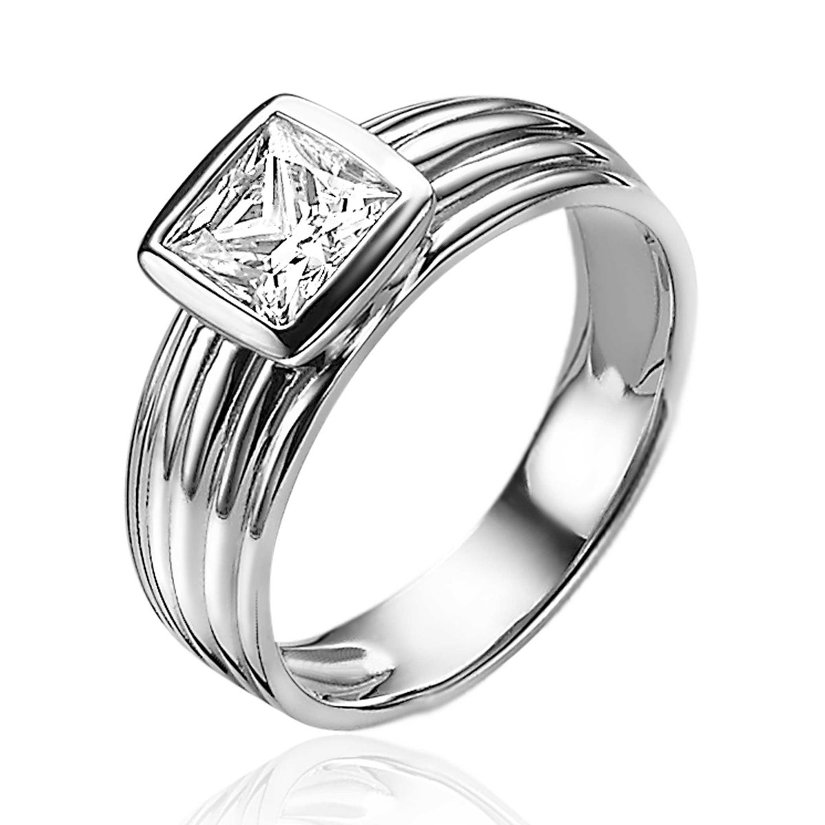 Ring aus Silber mit quadratischem Zirkonia und gerilltem Band