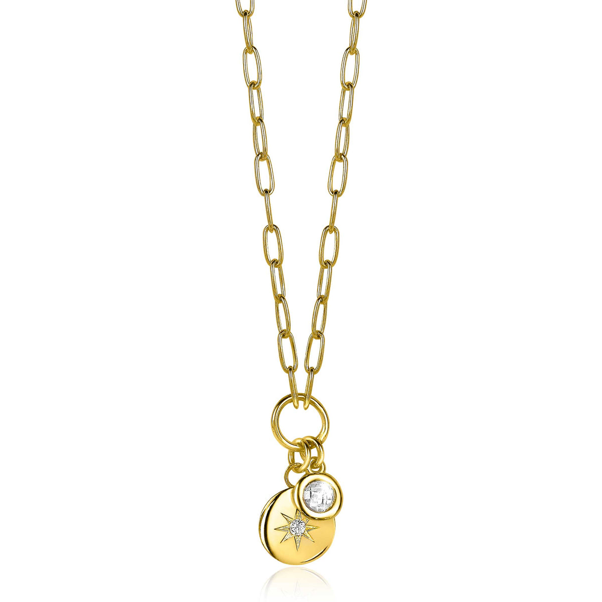 Halskette mit goldplattiertem Gliederdesign und zwei Anhängern, einer mit klarem Edelstein