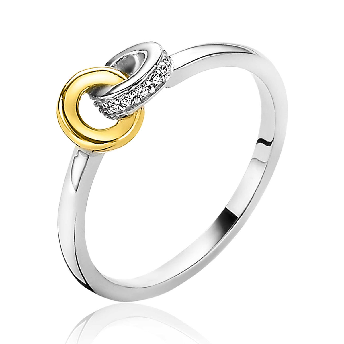 Ring aus Silber mit vergoldetem und diamantiertem Element in Form von zwei verbundenen Ringen