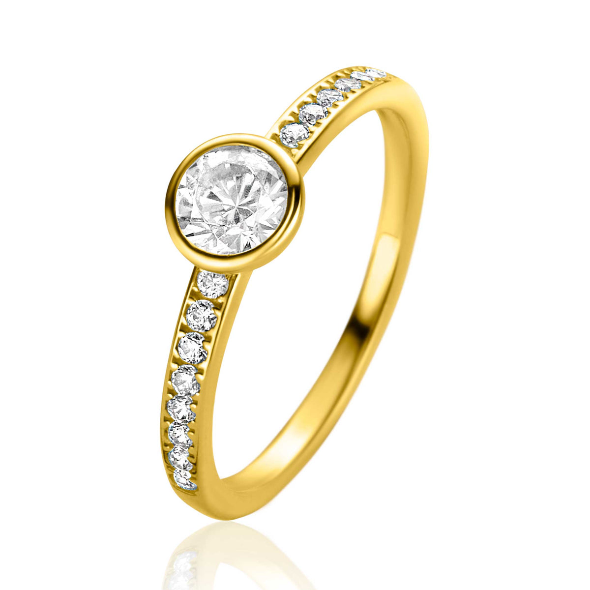Ring aus Gold mit rundem Zirkonia und kleinen Steinchen entlang des Bandes