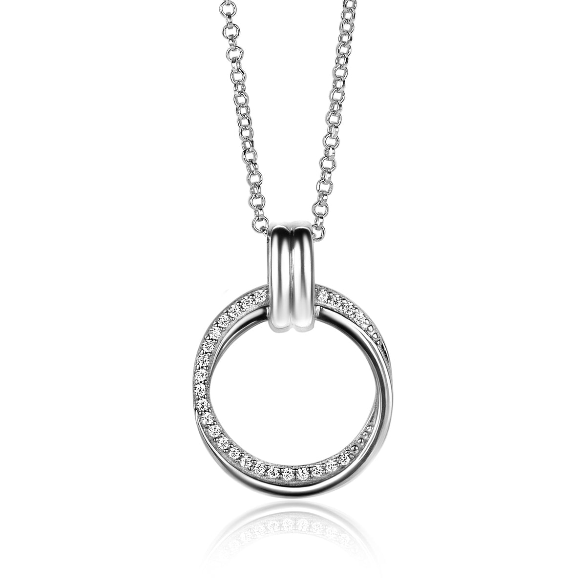Kette aus Silber mit rundem Anhänger, besetzt mit klaren Zirkonia-Steinen
