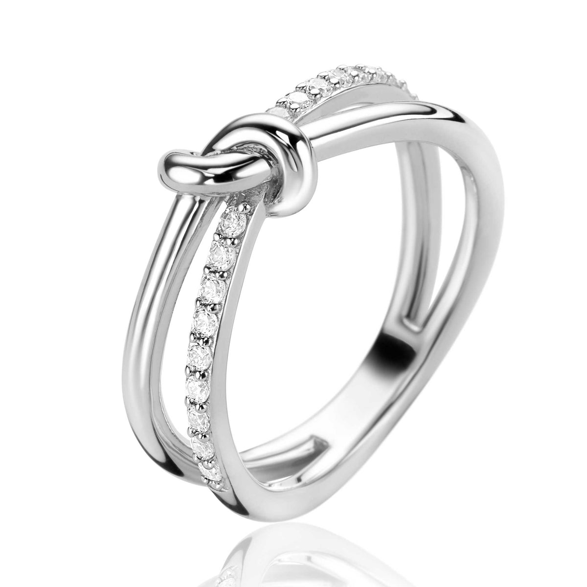 Ring aus Silber mit Zirkonia, geschwungene Form und Knoten-Design