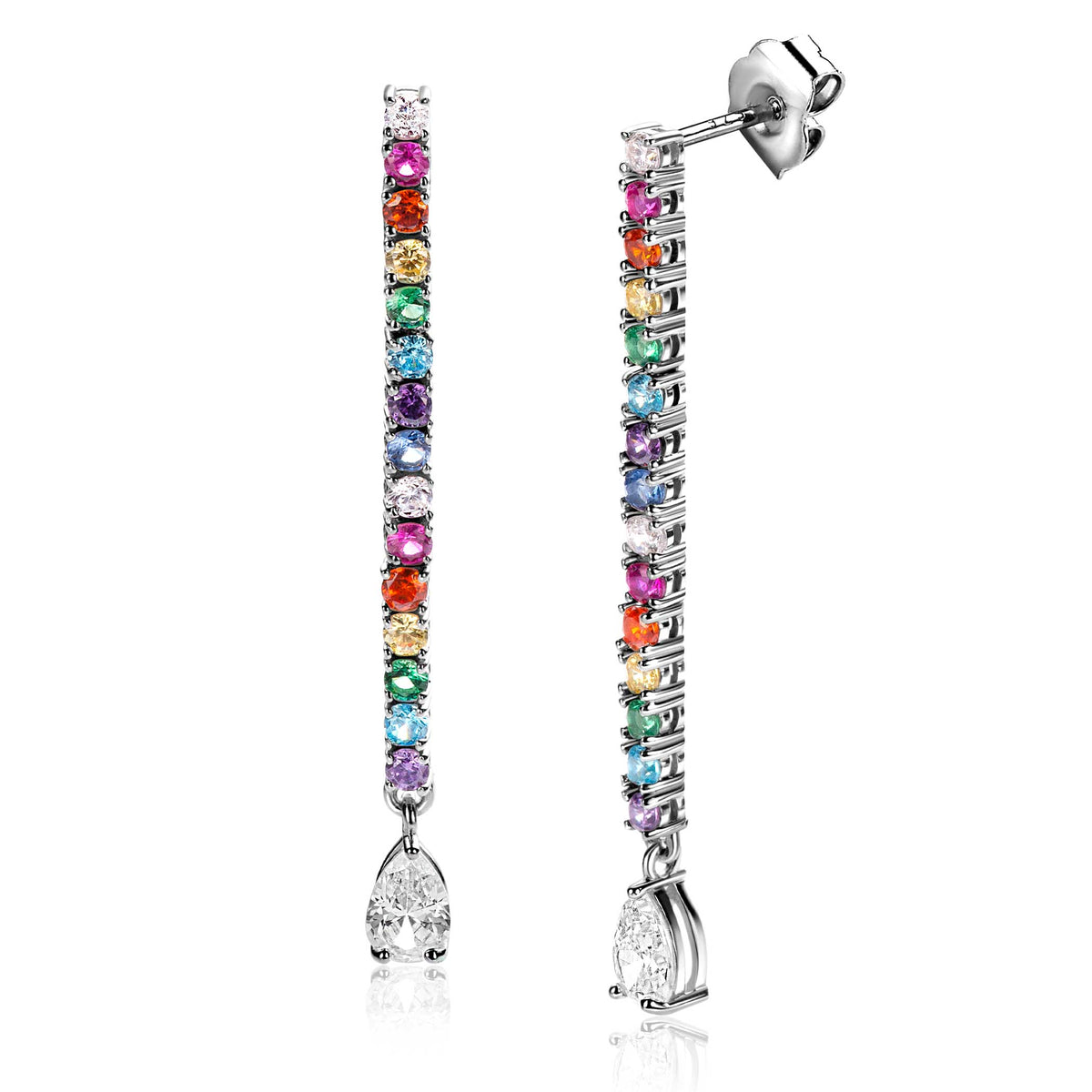 Ohrringe aus Silber mit bunten, facettierten Edelsteinen in verschiedenen Farben und einem klaren Anhänger.