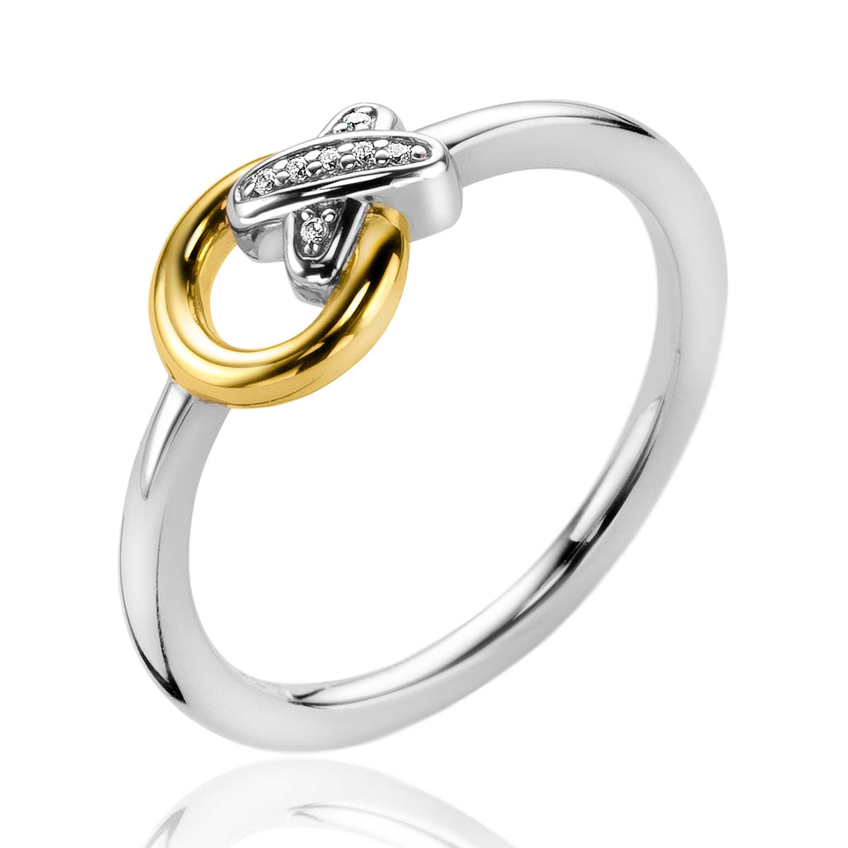 Ring mit goldplattiertem und silbernem Design, mit funkelnden Steinen und geschwungener Form
