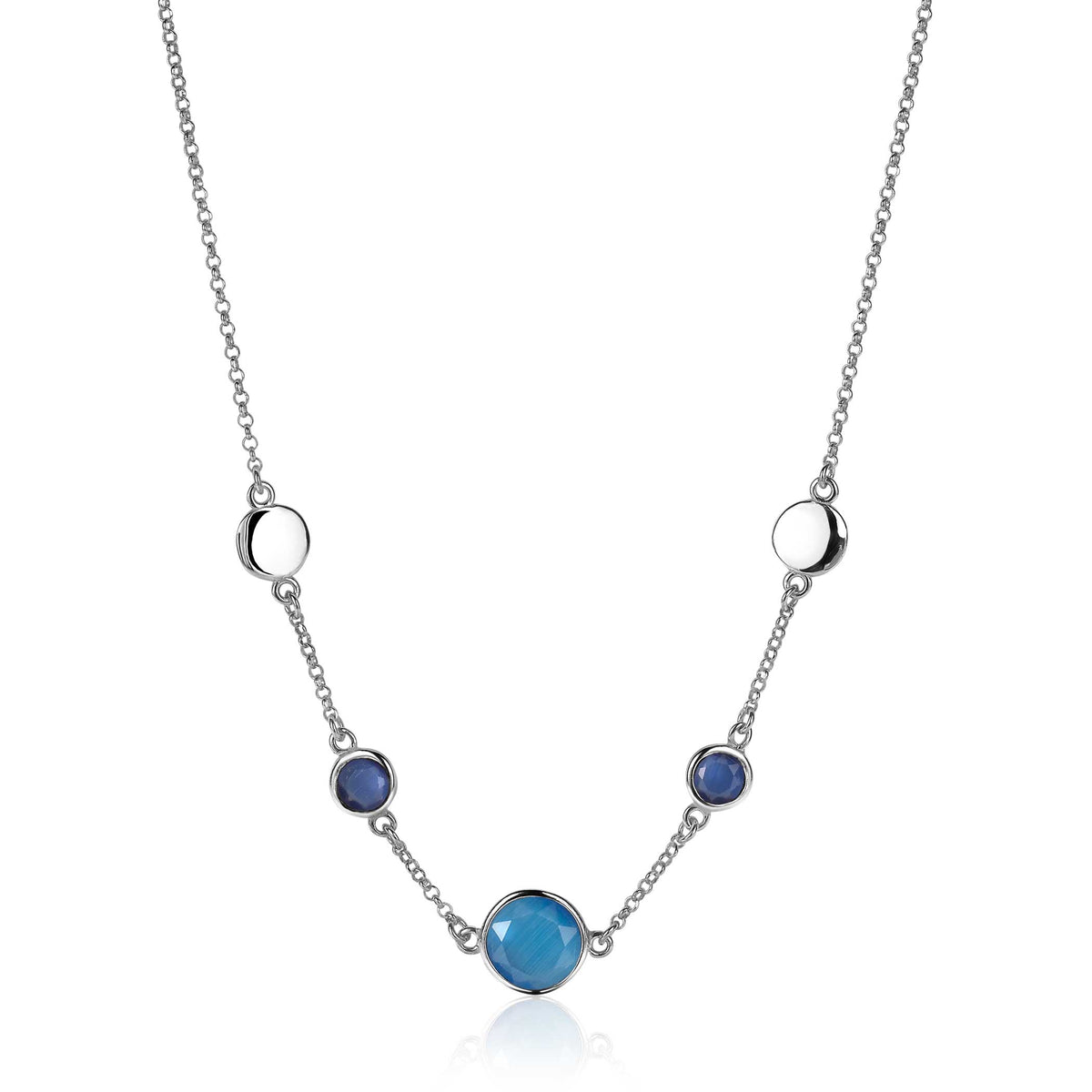 Halskette aus Silber mit drei runden Edelsteinen in Blau und Weiß, in einer filigranen Anordnung