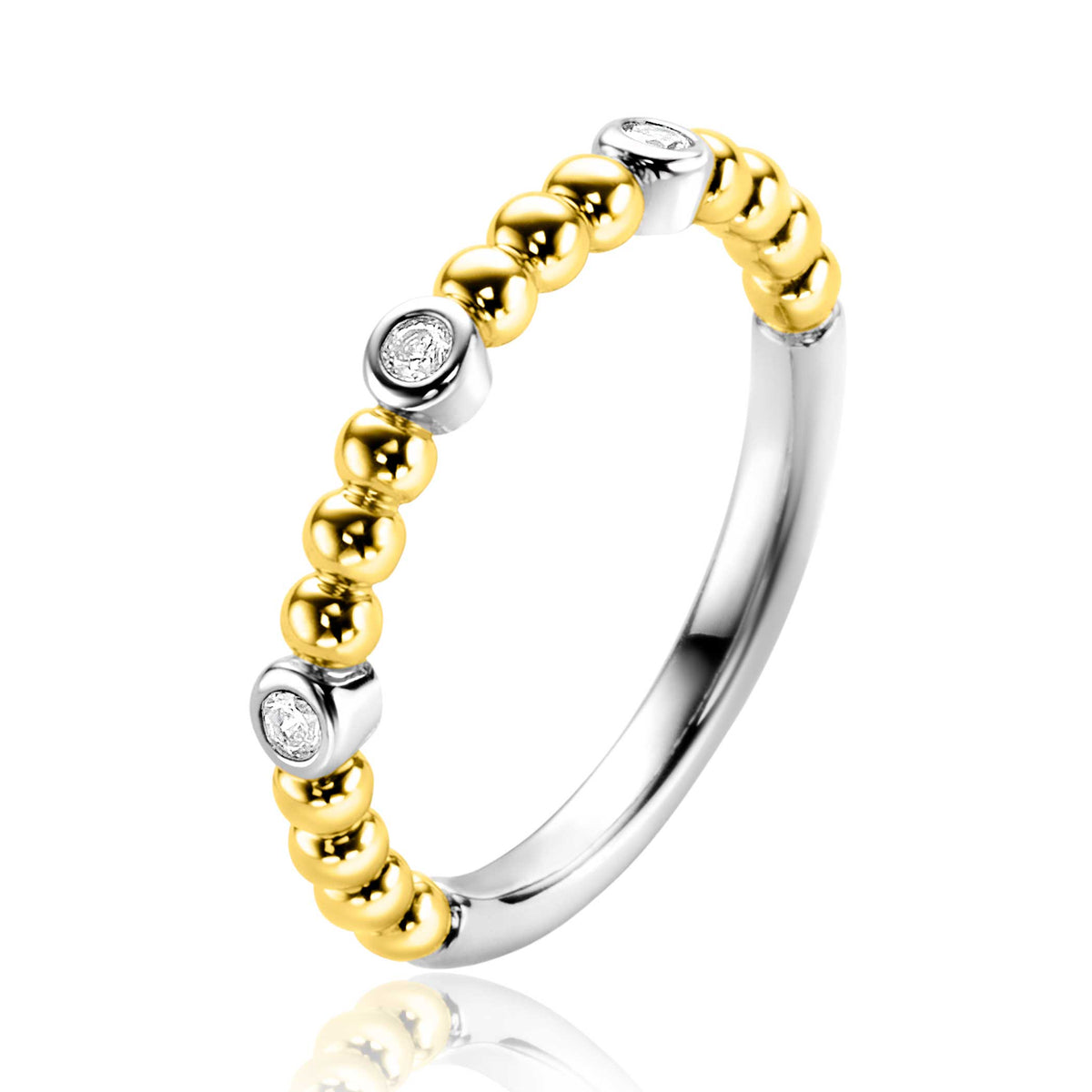 Ring mit goldplattierten und silbernen Kugeln sowie kleinen Zirkonia-Steinen