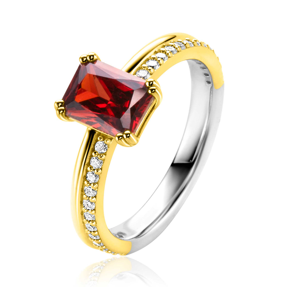 Ring mit rotem Edelstein und weißen Zirkonia, vergoldet mit silbernem Band