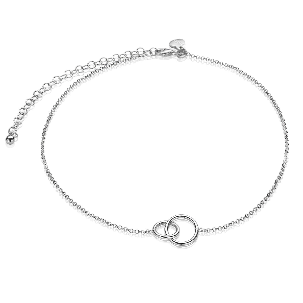 Silberne Kette mit zwei ineinander verschlungenen Ringen und Verlängerungskette