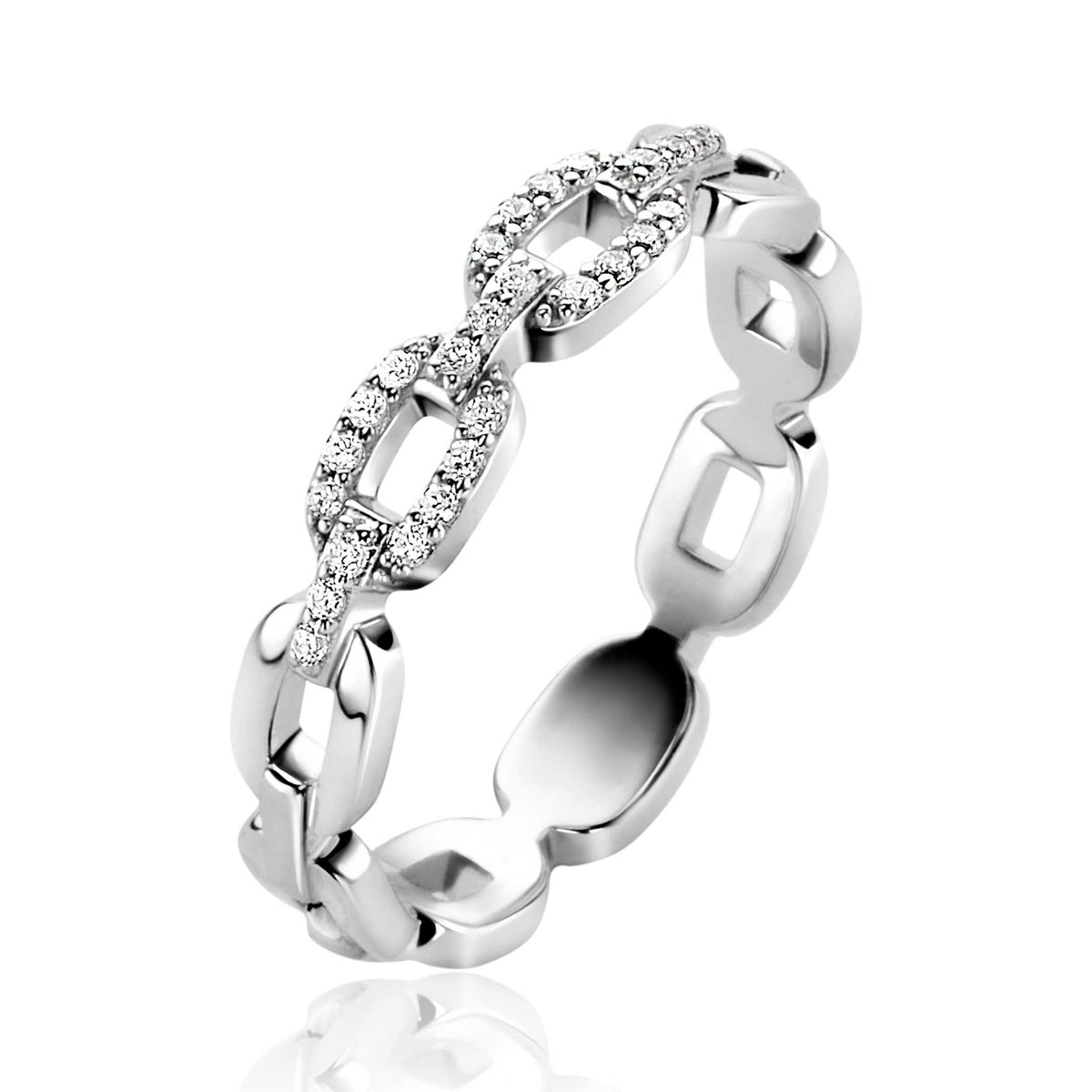 Ring aus Silber mit glitzernden Zirkonia und ovalen Gliedern