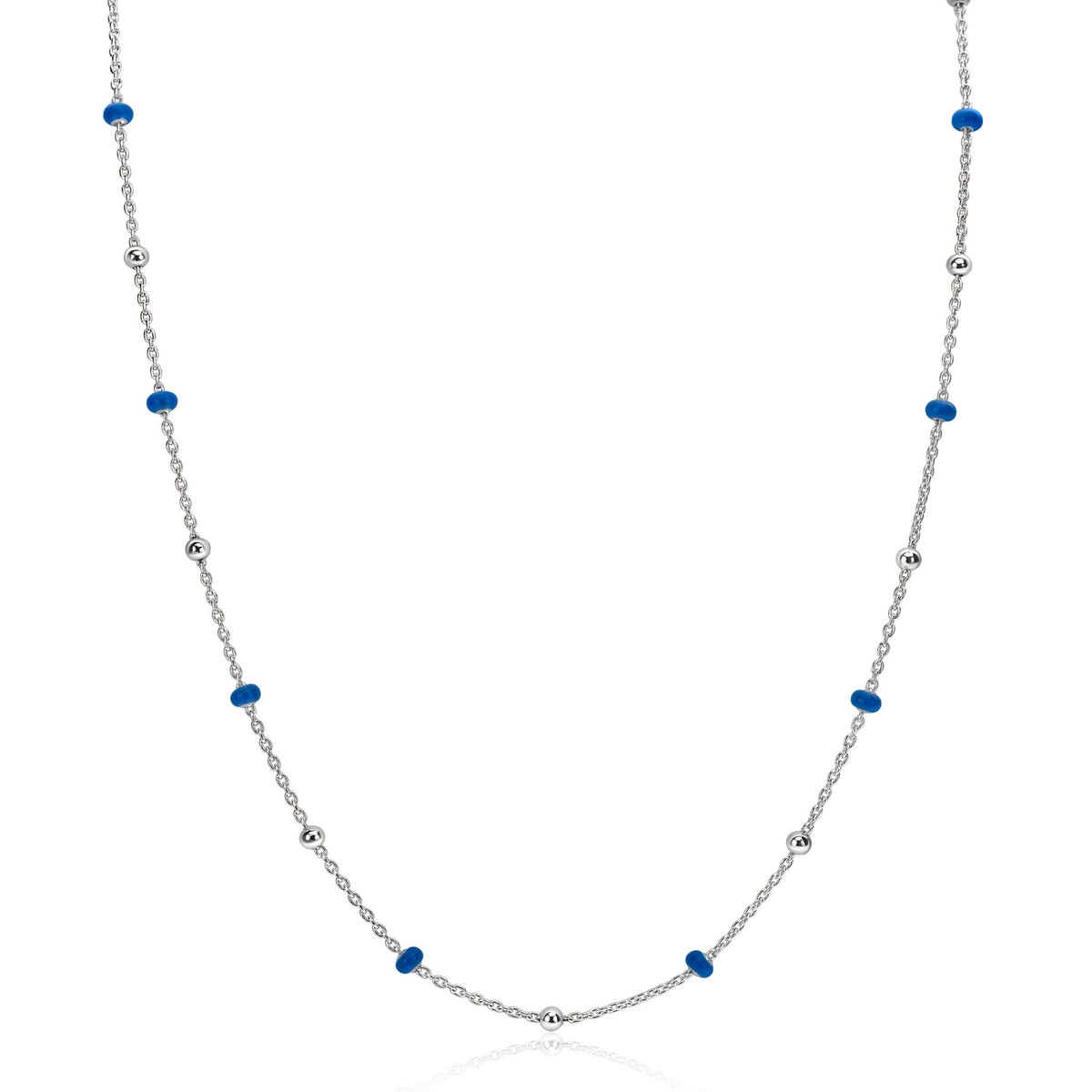 Silberne Kette mit blauen und silbernen Perlen, feines Design und glänzende Oberfläche