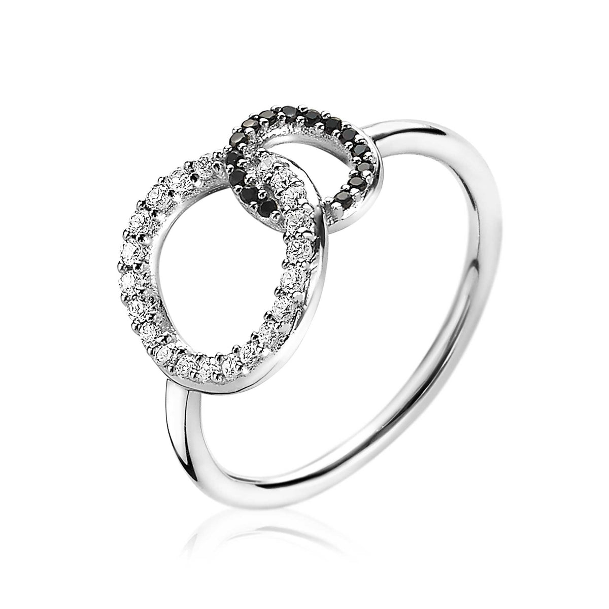 Ring aus Silber mit zwei ineinandergreifenden Elementen, eines mit weißen und das andere mit schwarzen Steinen