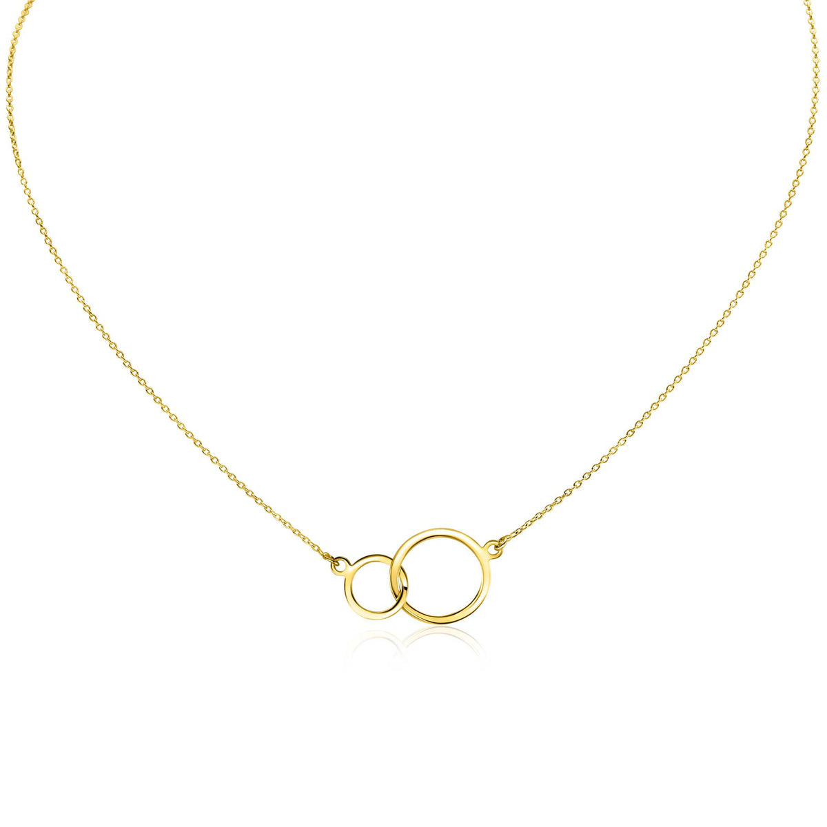 Halskette aus Gold mit zwei ineinander verschlungenen Ringen und feiner Gliederkette