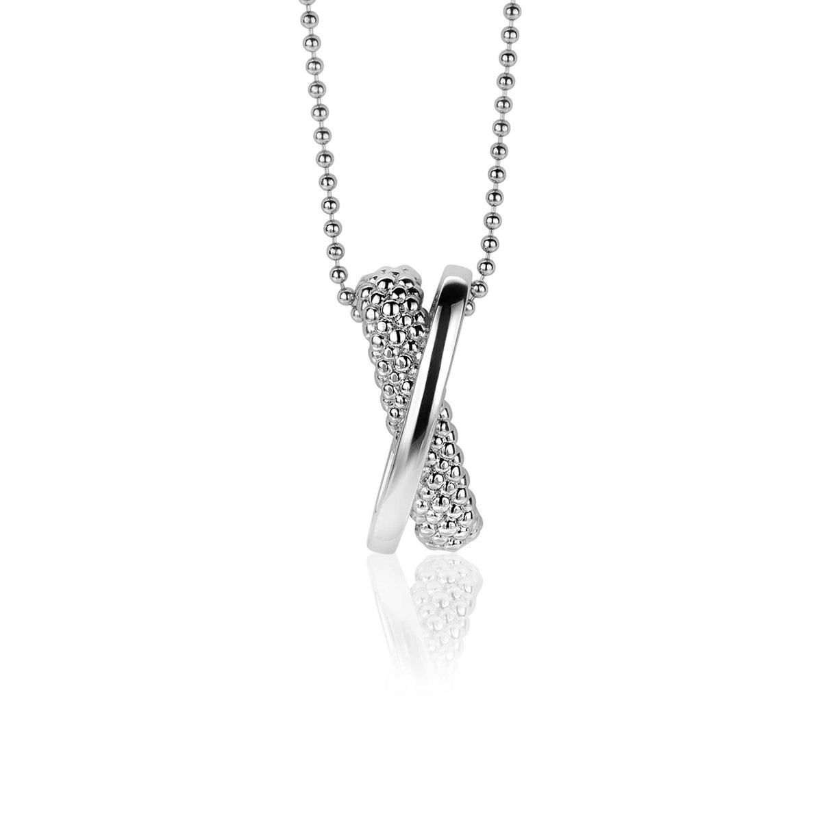 Hänger aus Silber mit geschwungenem Design und feiner Struktur, an einer Kugelkette