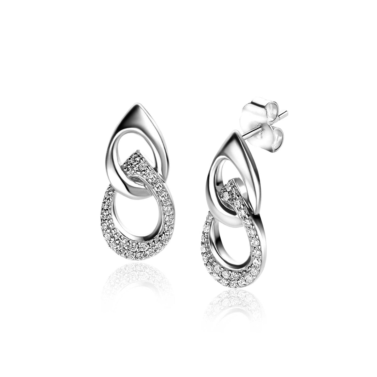 Ohrringe aus Silber mit geschwungenem Design und funkelnden Zirkonia-Steinen