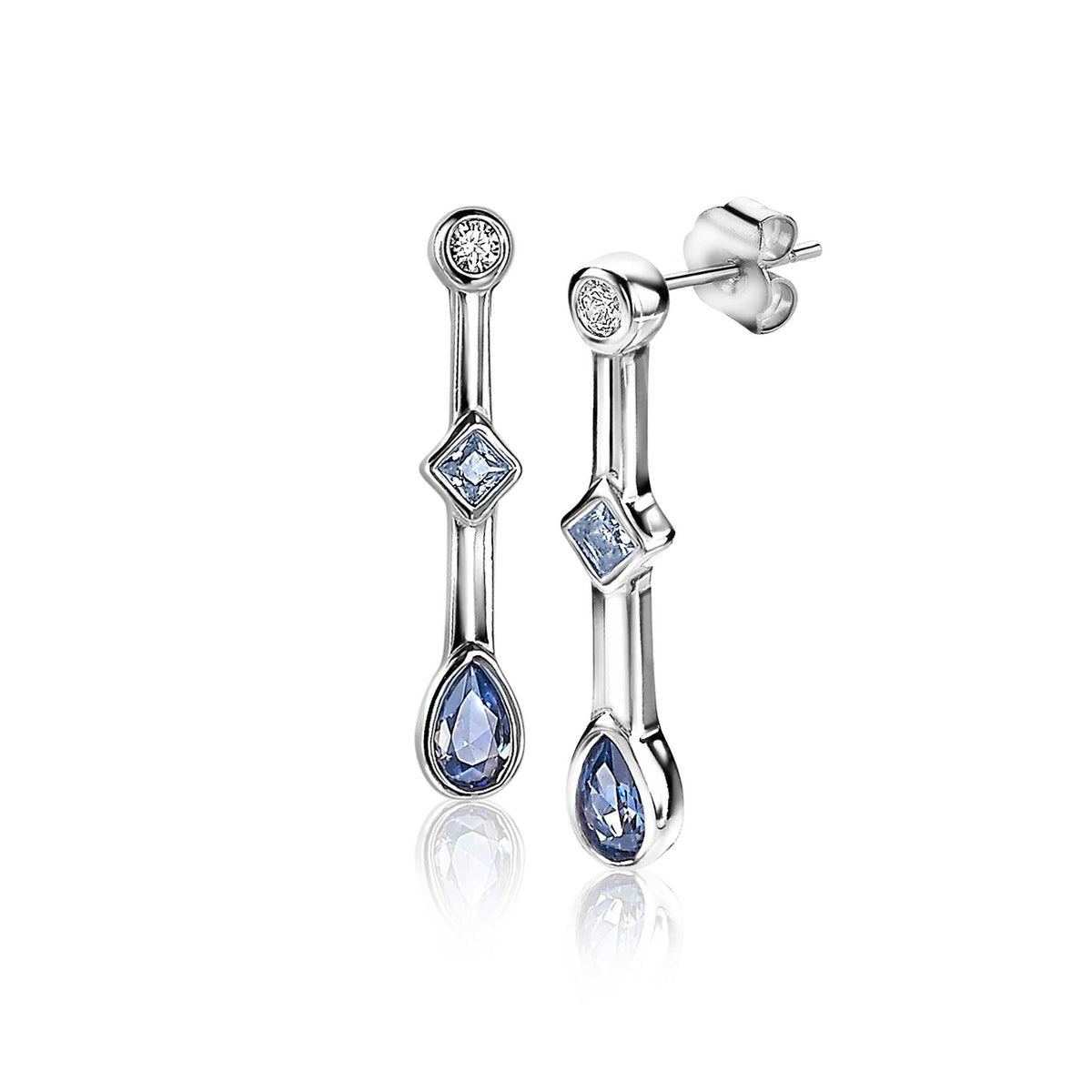 Silberne Ohrringe mit blauen Edelsteinen in verschiedenen Formen und klaren Zirkonia.
