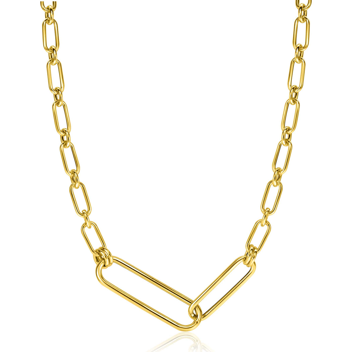 Kette aus goldfarbenem Metall mit ovalen Gliedern und V-förmigem Detail in der Mitte