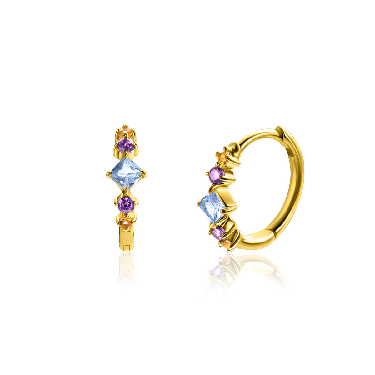 Goldfarbene Ohrringe mit blauen und lila Edelsteinen in verschiedenen Formen