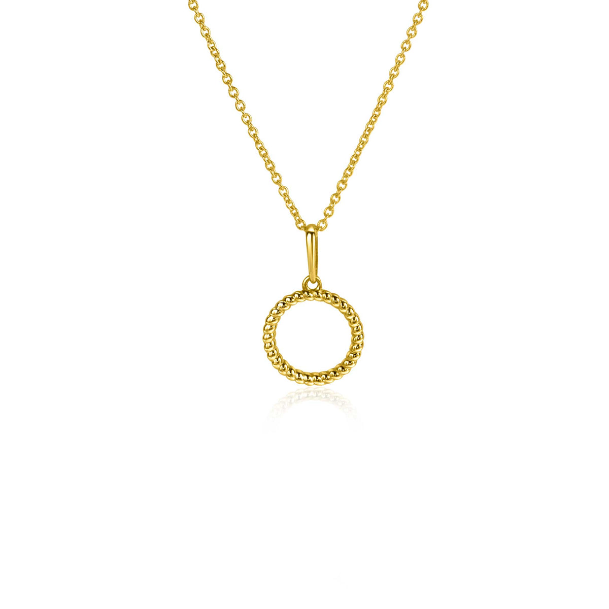 Halskette mit goldenem Anhänger in Form eines Kreises, mit feiner Struktur und glatter Oberfläche