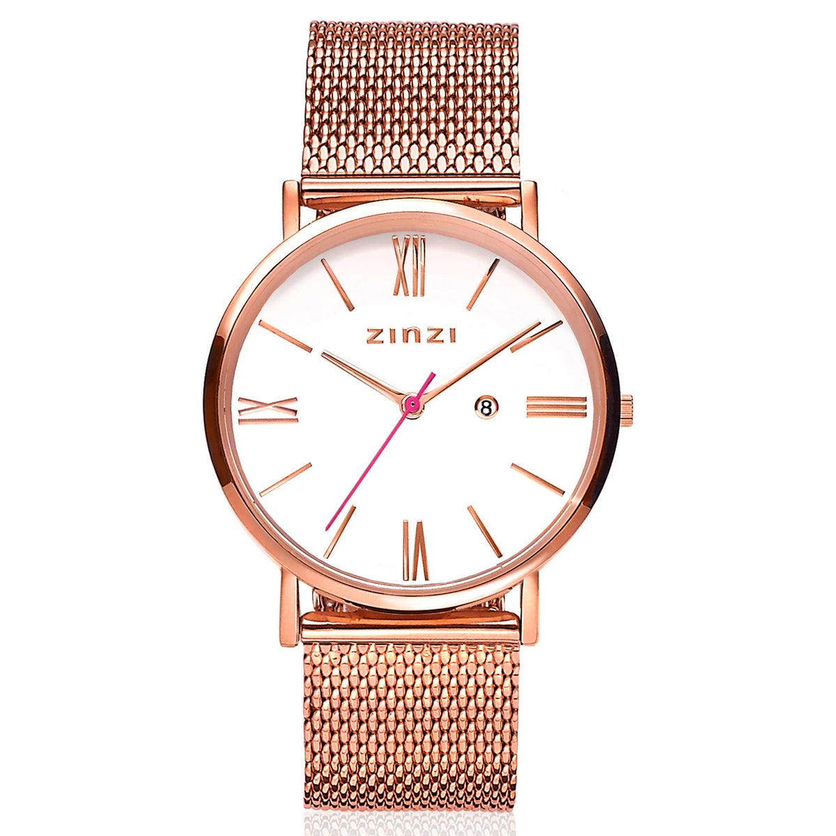 Roségoldfarbenes Armband mit weißem Zifferblatt und römischen Ziffern, Mesh-Armband, mit pinkem Sekundenzeiger