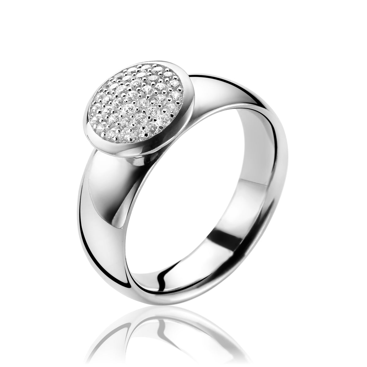 Ring aus Silber mit runder, mit Zirkonia besetzter Fläche