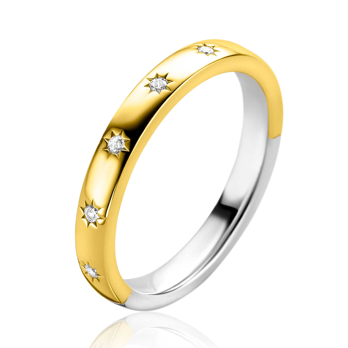 Ring mit goldfarbener Beschichtung und kleinen, funkelnden Zirkonia-Steinen