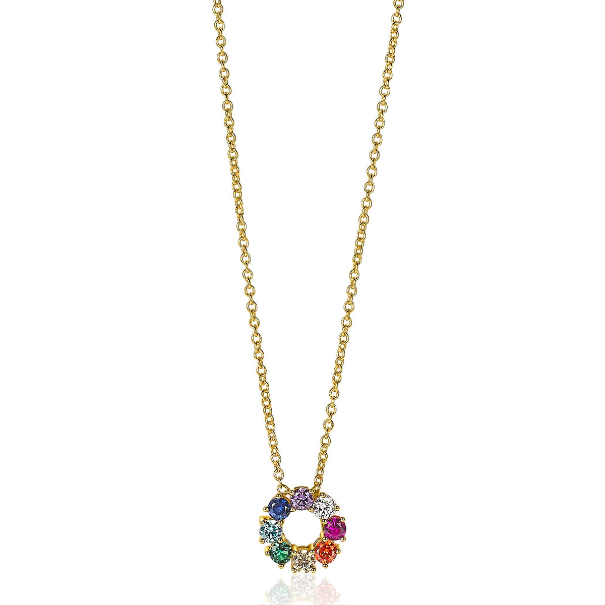 Halskette mit goldplattiertem Anhänger in Blumenform, besetzt mit bunten Edelsteinen