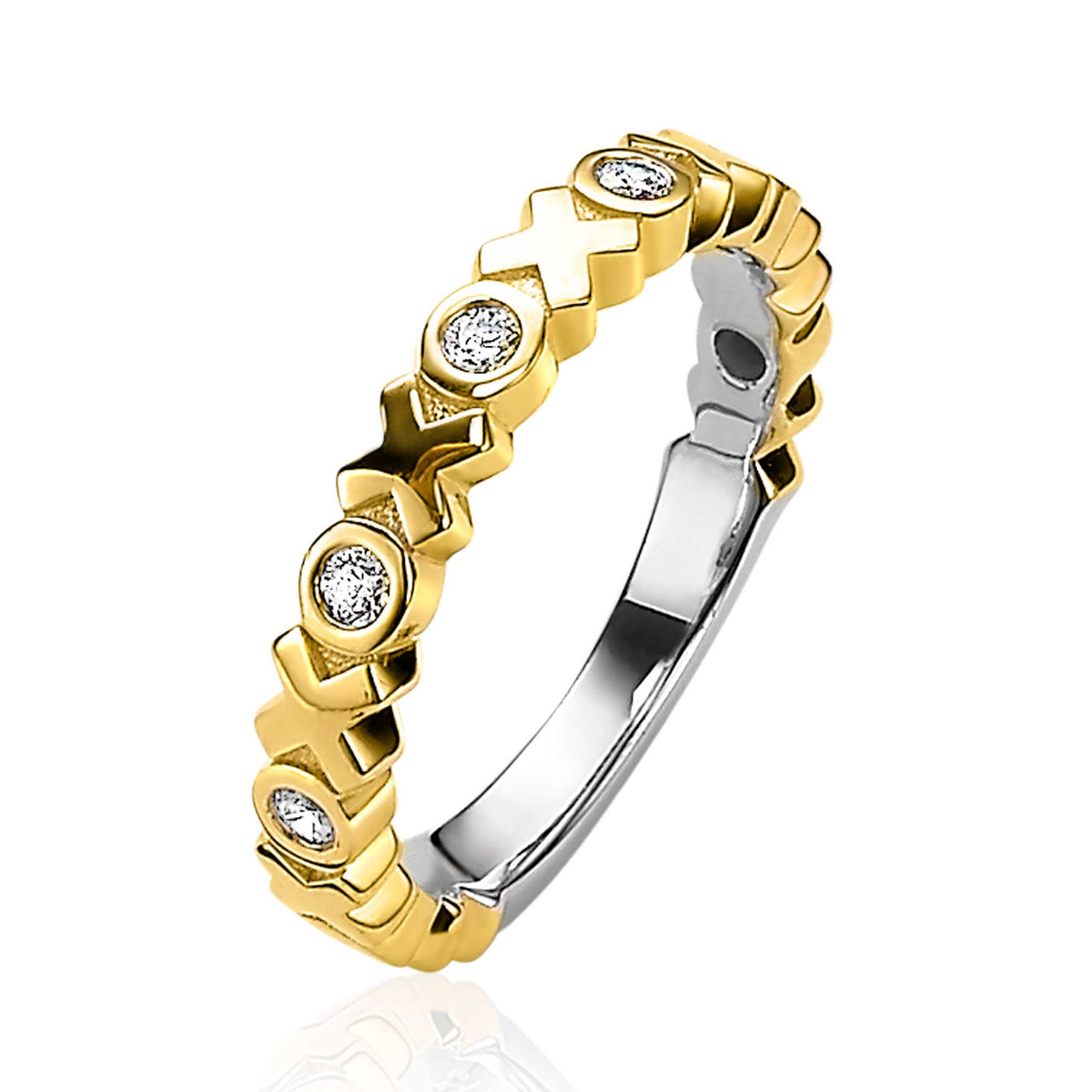 Ring mit goldplattiertem Design und klaren Zirkonia-Steinen, in zwei Farben mit glatter Innenseite