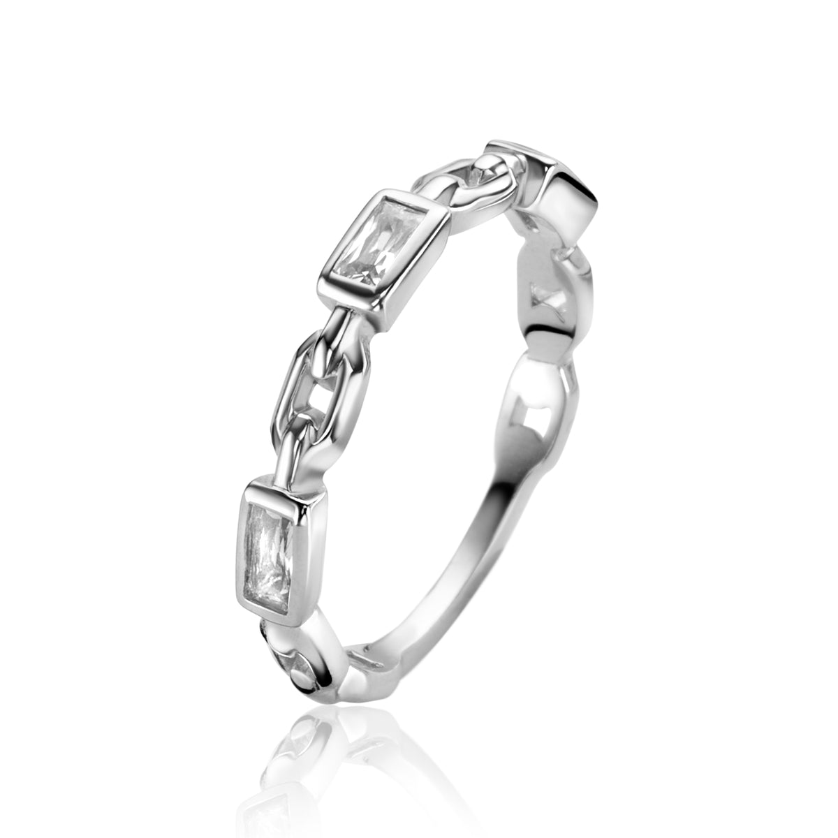 Ring aus Silber mit rechteckigen Zirkonia-Steinen und glattem, glänzendem Design