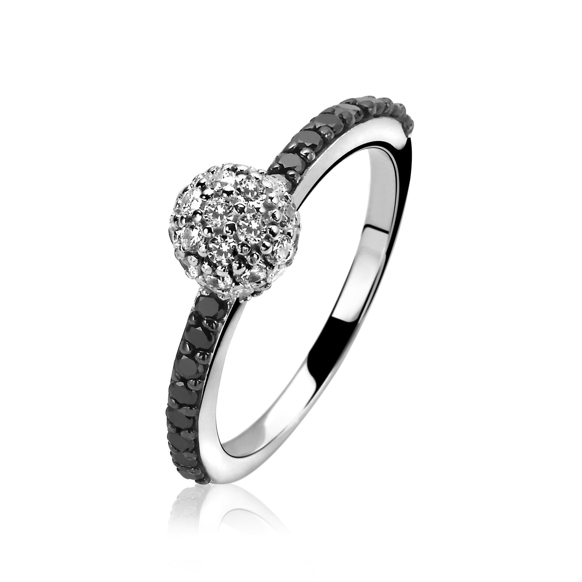 Ring aus Silber mit runder, funkelnder Zirkonia-Kugel und schwarzem Steinbesatz
