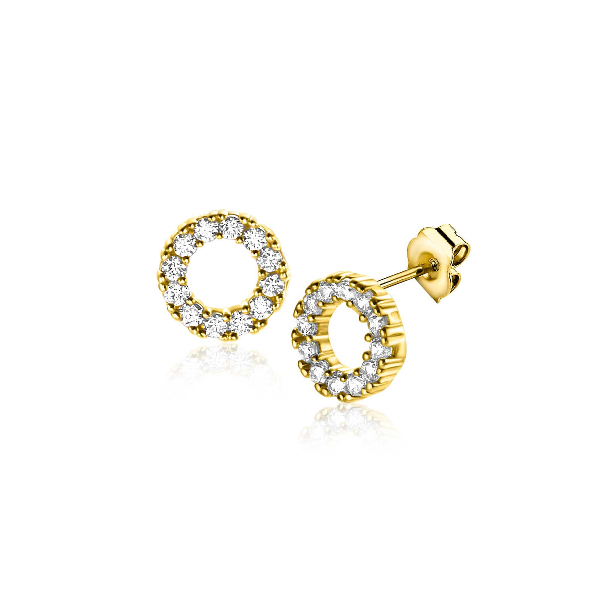 Ohrringe aus Gold mit rundem Design und funkelnden, klaren Edelsteinen.