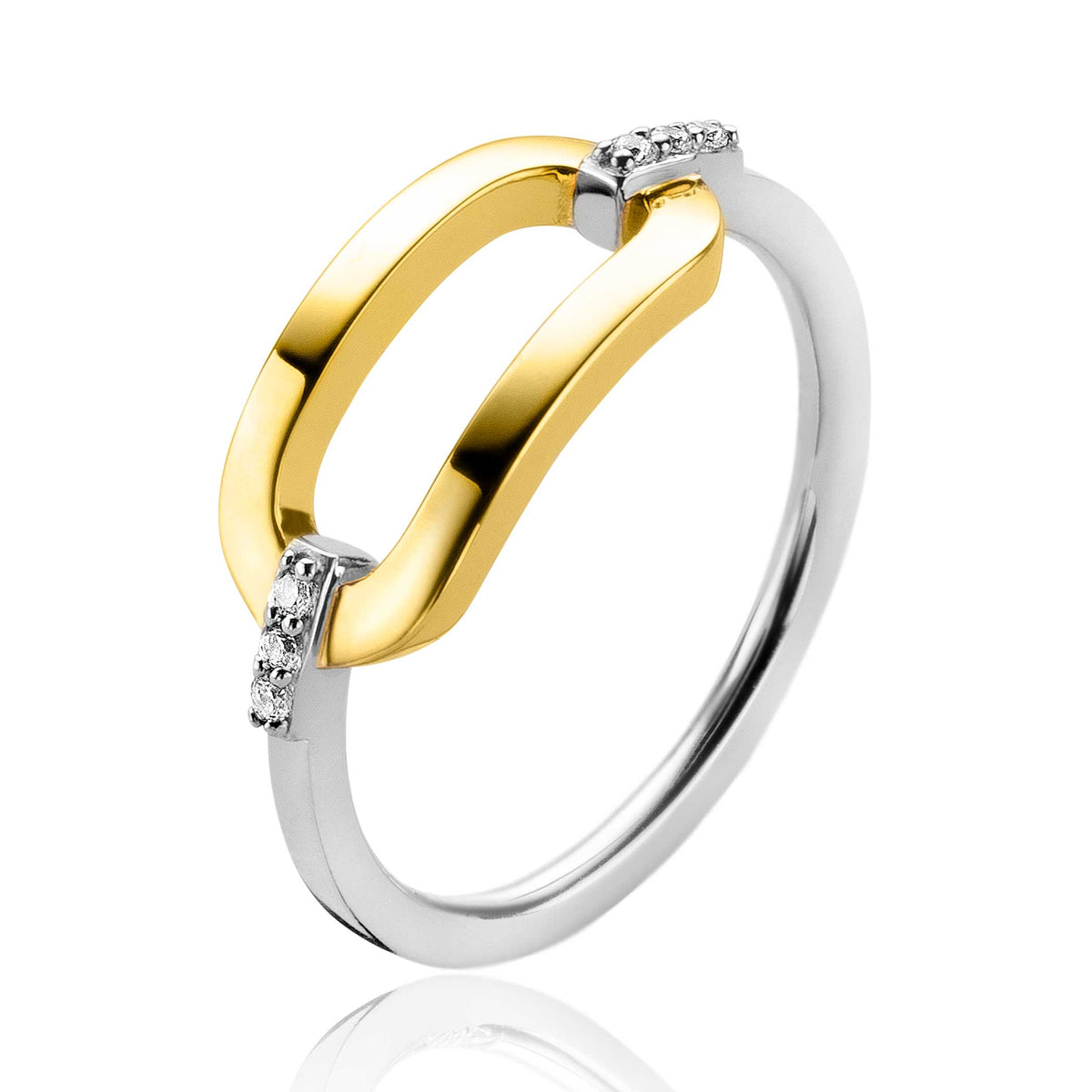 Ring aus vergoldetem und silbernem Metall mit zwei verbundenen Elementen und kleinen Zirkonia-Steinen