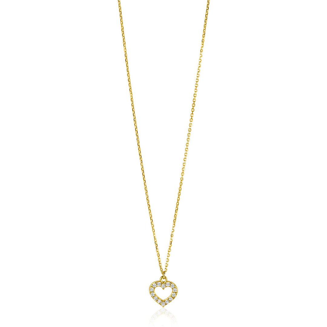 De Zinzi Ketting Goud Zgc450 heeft een hartvormige hanger omlijnd door witte zirkonia, elegant hangend aan een fijne gouden ketting. De witte achtergrond accentueert het sprankelende ontwerp.