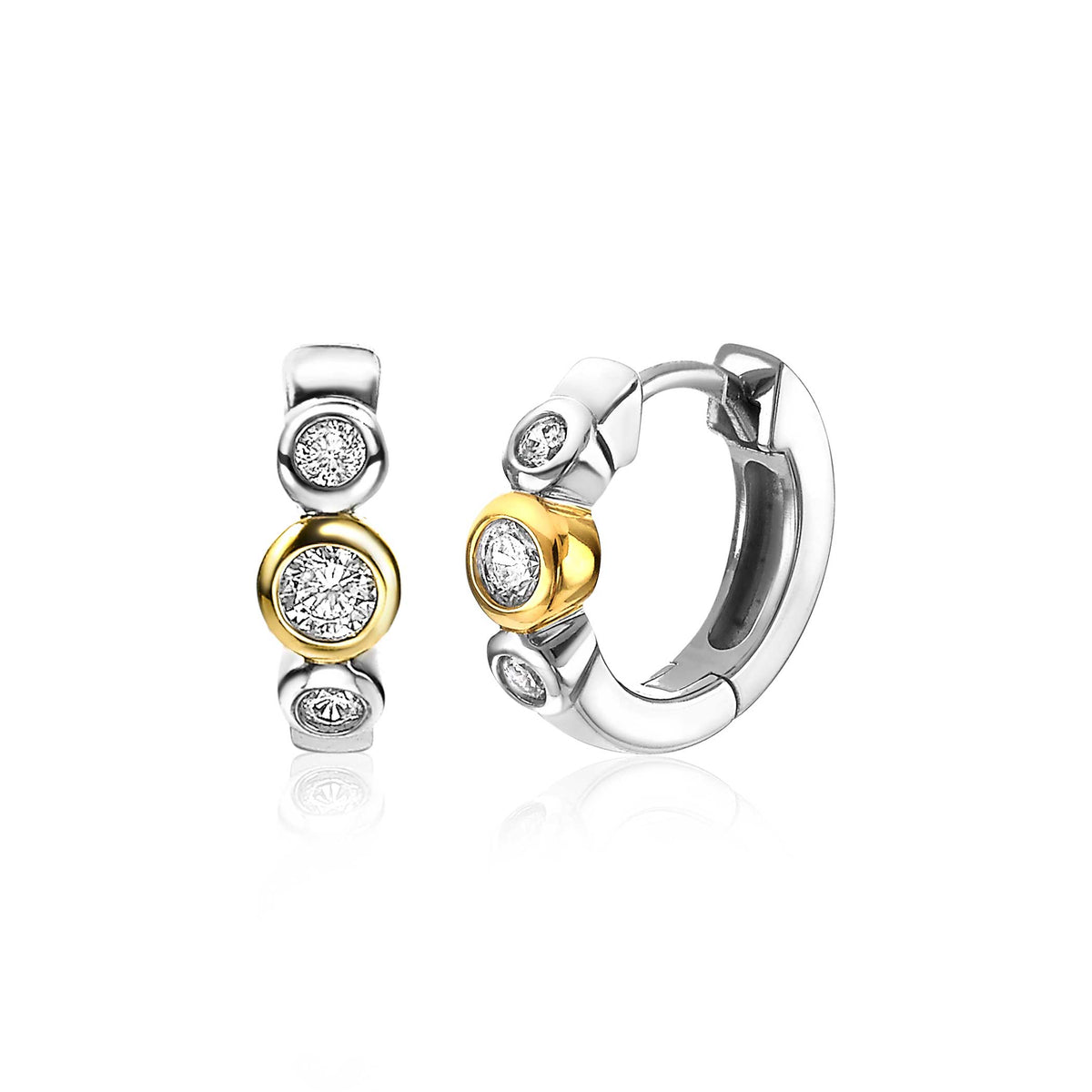 Ohrringe aus Silber mit goldenen und klaren Zirkonia-Steinen