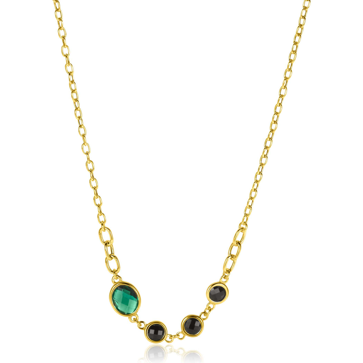Halskette mit goldplattiertem Design, grünem und schwarzen Edelsteinen in verschiedenen Formen