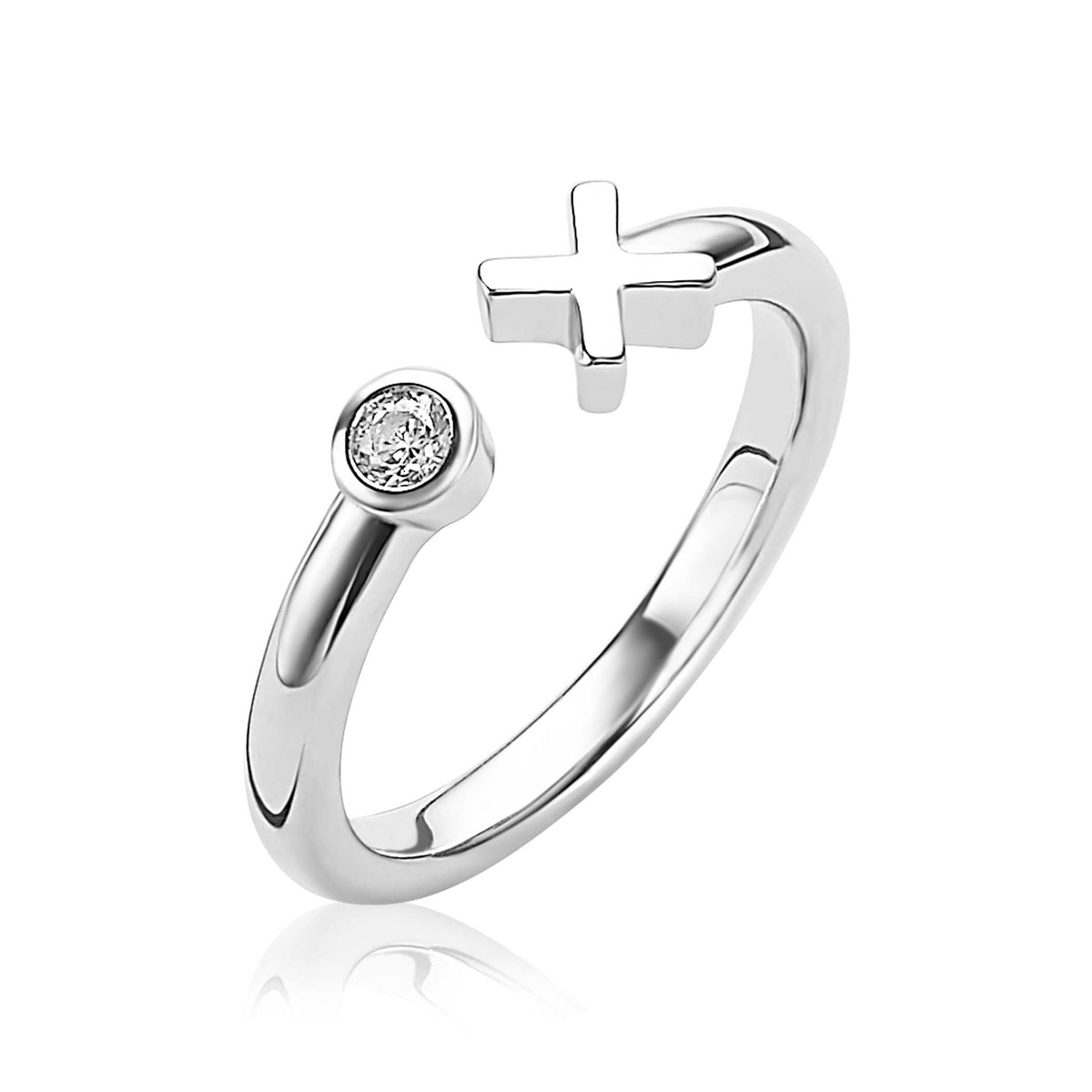 Ring aus Silber mit einem funkelnden Edelstein und einem Kreuz-Design