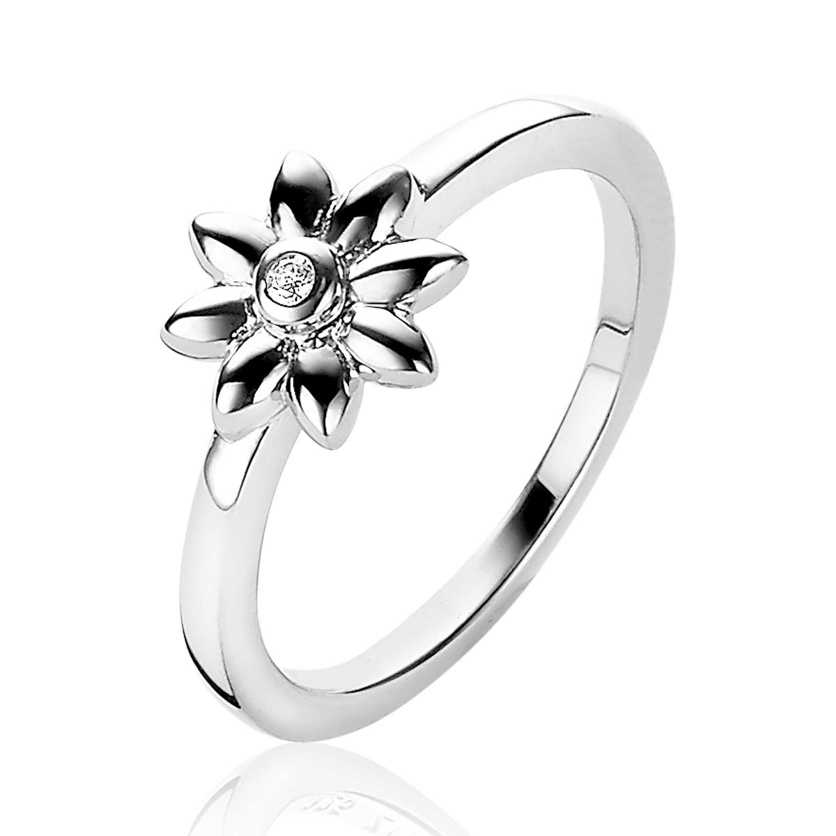 Ring aus Silber mit blütenförmigem Design und einem kleinen Edelstein in der Mitte