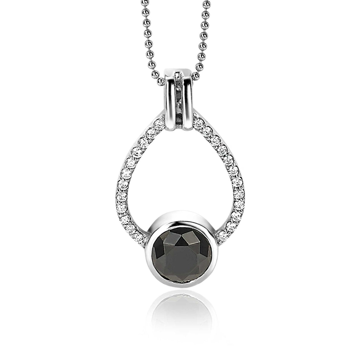 Hänger aus Silber mit schwarzem Edelstein und funkelnden Zirkonia-Steinen