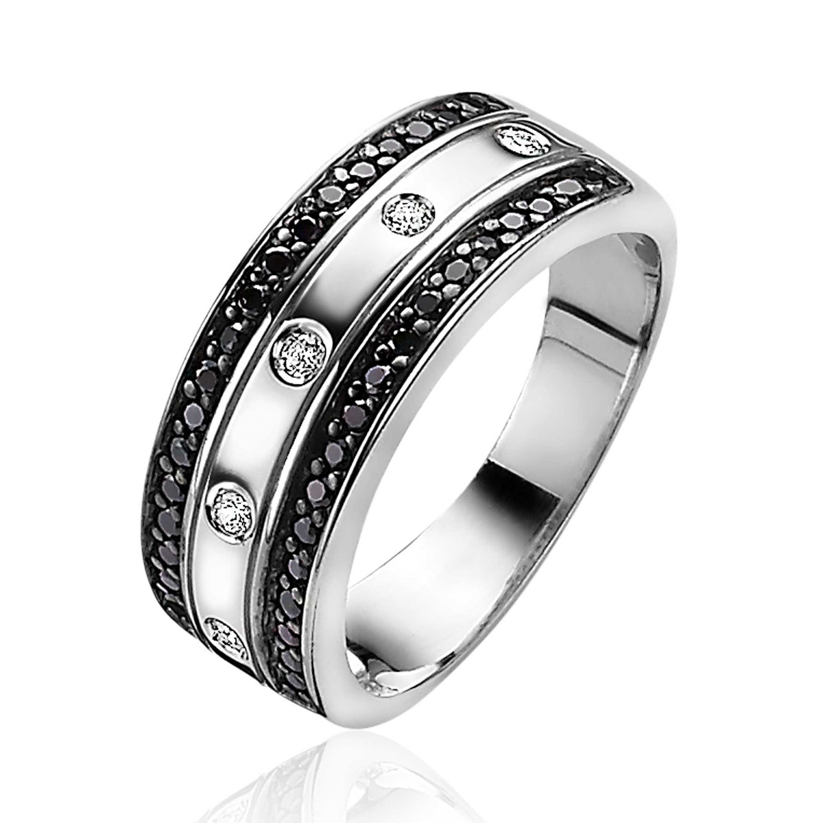 Ring aus Silber mit schwarzen und weißen Zirkonia-Steinen, breites Design mit glänzender Oberfläche