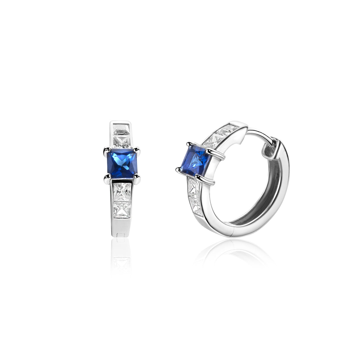 Ohrringe aus Silber mit blauen Edelsteinen und klaren Zirkonia, in schmaler, runder Form