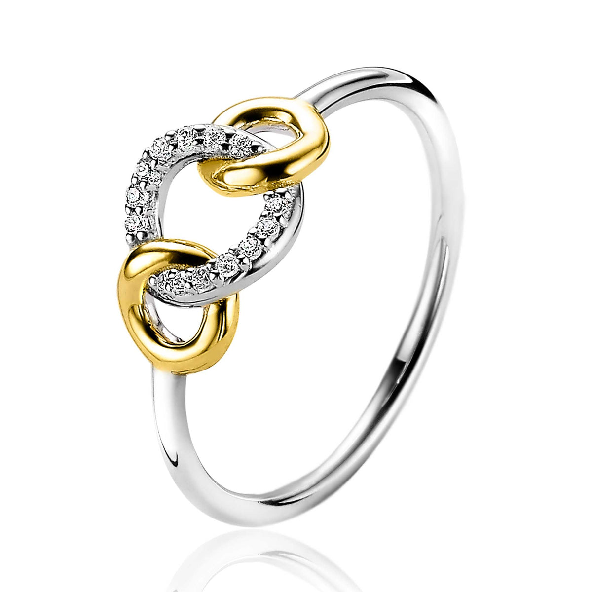 Ring mit goldplattiertem und silbernem Design, verziert mit funkelnden Zirkonia-Steinen