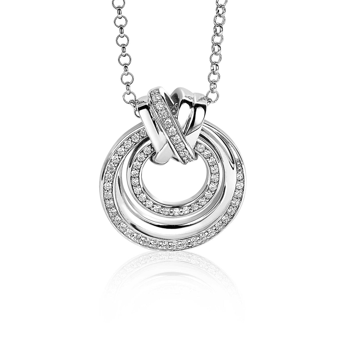 Hänger aus Silber mit zwei ineinander verschlungenen Ringen und Zirkonia-Steinen