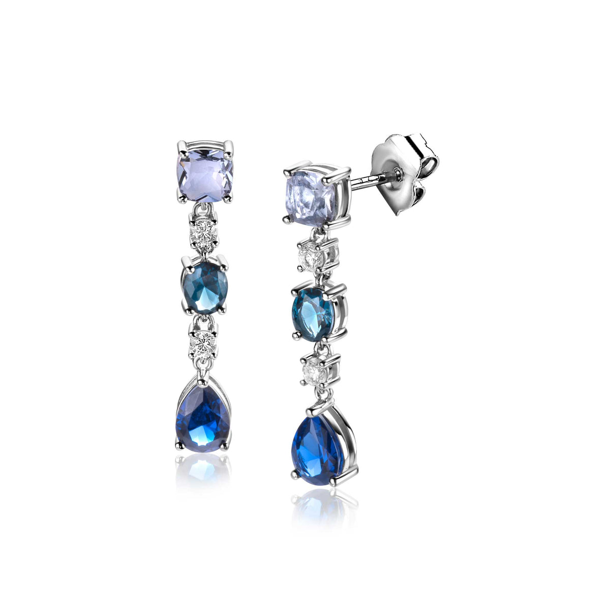 Ohrringe aus Silber mit blauen und lila Edelsteinen in verschiedenen Formen und Größen