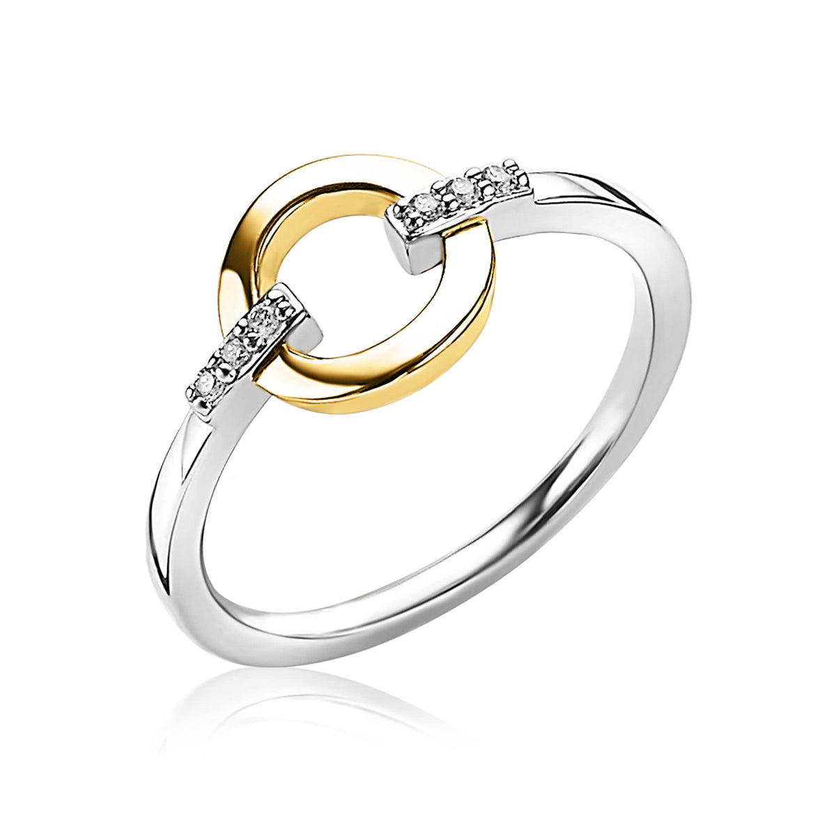 Ring mit goldplattiertem Element und zwei kleinen Zirkonia, silbernes Band