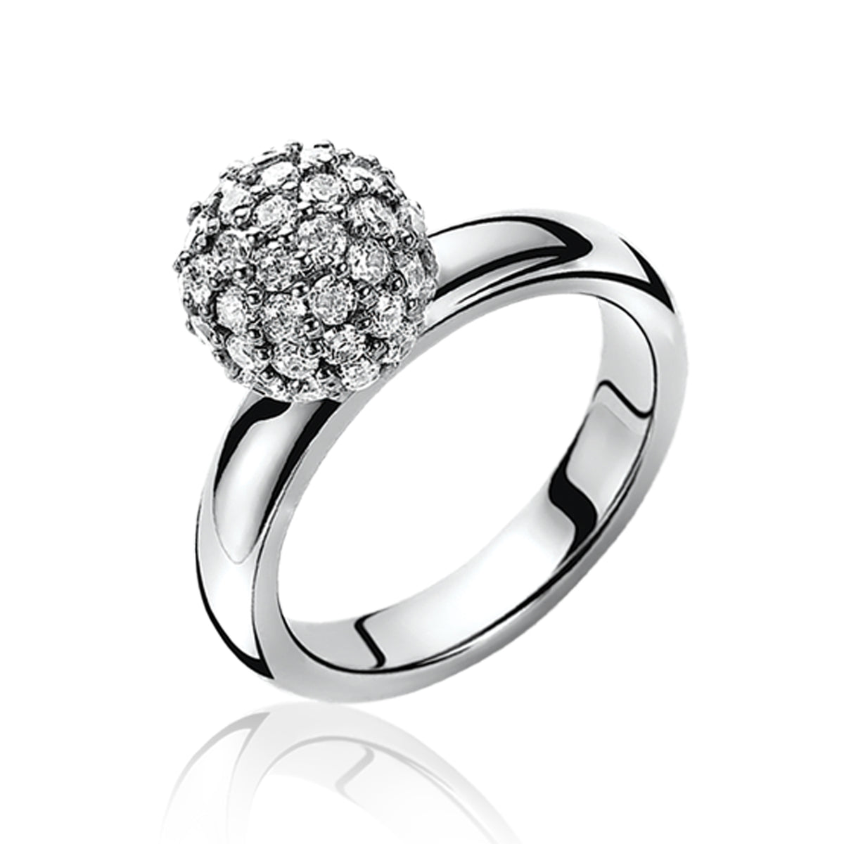 Ring aus Silber mit rundem, mit Zirkonia besetztem Kopf