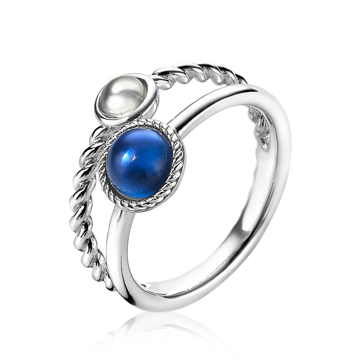 Ring aus Silber mit blauen und weißen Edelsteinen sowie geflochtenem Design