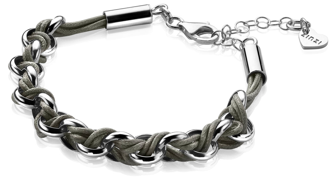 De Zinzi Armband Zilver Zia1035 G van Zinzi is een modieuze armband die verweven olijfgroen leer en zilverkleurige metalen schakels combineert. Het bevat een klein hartbedel met gegraveerde tekst en een verstelbare ketting met een karabijnsluiting voor de perfecte pasvorm.